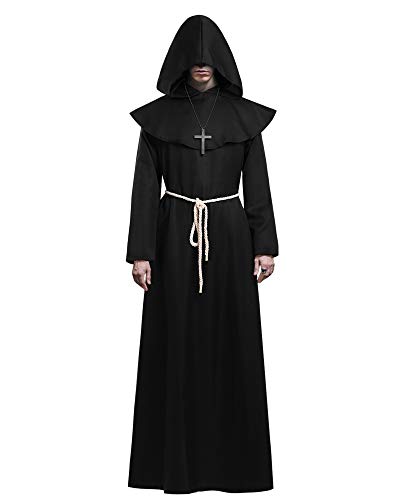 KONVINIT Mönch Kostüm Herren Halloween Kostüm Männer Prister Gewand Kostüm Mittelalterliche Robe mit Kapuze ideal für Mottoparty, Halloween, Karneval und Fasching,schwarz L