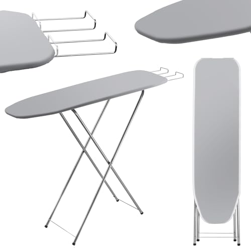 KADAX Bügelbrett mit Fach, 104x30cm Dampfbügelbrett mit ausziehbarer mit Bügeleisenablage, kompakte Dampfbügelstation mit Schaumstoffunterlage (Grau)