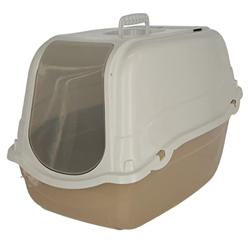Kerbl Katzentoilette Minka (taupe/weiß, 57 cm x 39 cm x 41 cm,Aktivkohlefilter gegen Gerüche, mit Abdeckhaube, transparente Schwingtür, Tragegriff, Katzenklo, Katzentoilette) 81571