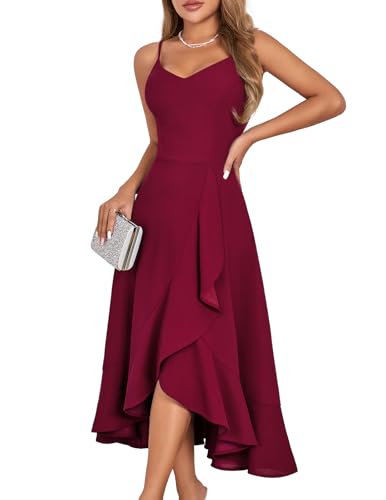 DRESSTELLS Cocktailkleid Damen Festlich Träger Hochtief Kleider für Hochzeit Knielang Rüschensaum Sommerkleid Rückenfrei Curvy Elegantes Partykleid Burgundy M