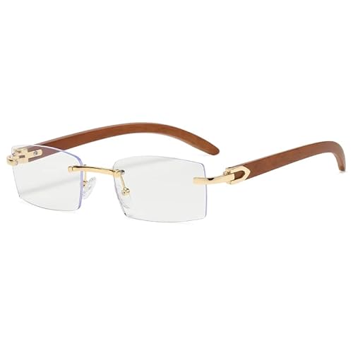 kachawoo Rahmenlose Sonnenbrille Randlose Damenmode Sonnenbrille mit Holzimitat Beinen Blau Grün Uv400 Linse Rechteck Sonnenschutz Herren (clear lens)