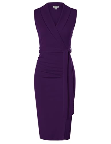 GRACE KARIN Damen Elegant Etuikleid V-Ausschnitt Wickelkleid Business Kleid Midi Casual Hochzeitskleid Herbstkleid 42 Violett