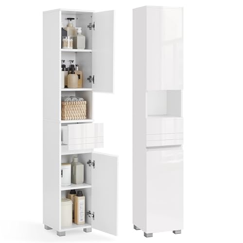 VASAGLE Badezimmerschrank, Badschrank, Badezimmermöbel mit Einer Schublade, verstellbare Ablagen, offenes Fach, 30 x 30 x 170 cm, wolkenweiß BBC560P31