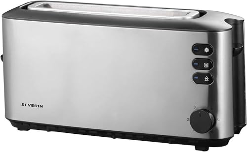 SEVERIN Automatik-Langschlitztoaster, Automatik-Toaster mit Brötchenaufsatz, aus Edelstahl, zum Toasten, Auftauen und Erwärmen, 1.000 W, Edelstahl-gebürstet/schwarz, AT 2515