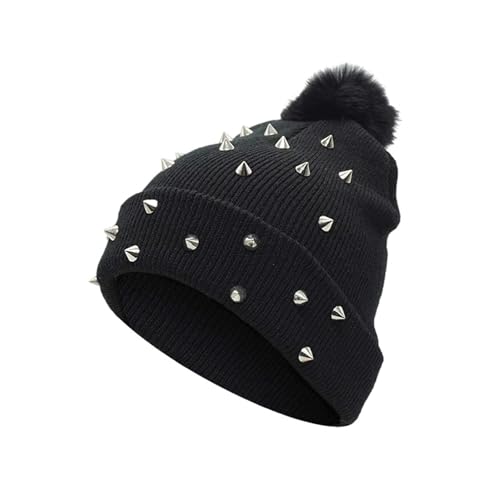 Dermalyx Winter Mütze Punk Rivet Strickmütze Mit Wollbommel, Grunge & Y2K Aesthetic Beanie, Alternative Gothic Emo Accessoires, Herbst Winter Warm