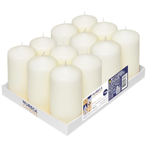 Horeca Candles - Stumpenkerzen - Elfenbein - Ø 6 x 12 cm - 12er Set Blockkerzen - Lange Brenndauer 40 Stunden - Ohne Duft - Kerzen für Haushalt, Feiern und Gastronomie
