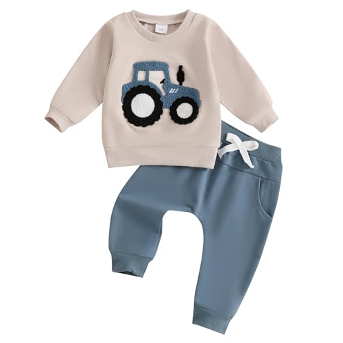 Yassiglia Baby Jungen Weiche Bekleidungssets Kleinkind Niedliches Zweiteiler Outfit Langarm Traktor Druck Sweatshirt und Hose Set Herbst Winter Jogginganzug (Blau, 2-3T)