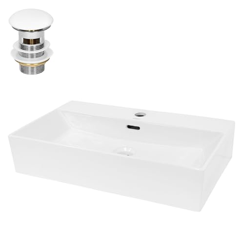 ECD Germany Waschbecken Waschtisch 605x365x130 mm Eckig Keramik Weiß inkl. Ablaufgarnitur für Waschbecken mit Überlauf Aufsatzbecken Aufsatzwaschbecken Aufsatzwaschtisch Waschschale Spülbecken Becken