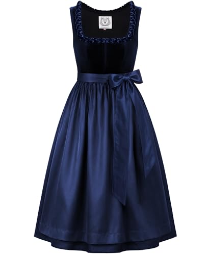 DIRNDLSTERN Damen Blau Samt - Dirndlkleid Midi 70cm mit Reißverschluss Oktoberfest Outfit 36