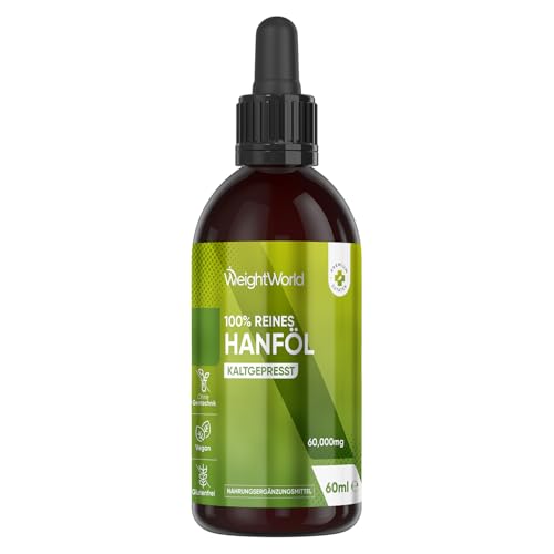 Hanföl Tropfen 60ml - 2000mg reines Hanfsamenöl - Veganes Hanfsamen Öl kaltgepresst - Hemp Oil - Glutenfrei - Von WeightWorld