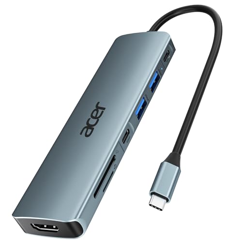 acer USB C Hub, 7IN1 USB-C auf 4K HDMI, 2xUSB 3.0, 1x Typ C 5Gbps, 100W PD, SD/TF Katenleser, Aluminium Docking Station Multiport Adapter für iPhone 15/16 Serie,MacBook/iPad Pro/Air,S24,Surface usw.