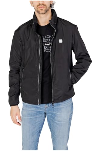 Armani Exchange Mens Packable, Hidden Hoodie, Two Zip Pockets on Front, Rubber Patch Logo Windjacke, Black, XL