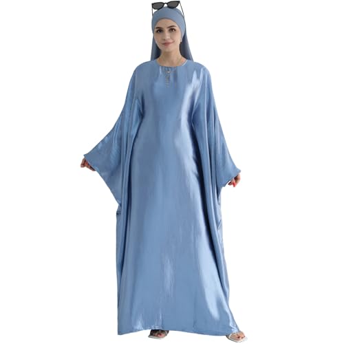 khalat Abaya Muslim Kleid Frauen Satin Gebet Kleid Fledermaus Langarm Naher Osten Arabische Robe mit Hijab Hellblau