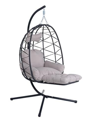 Hängesessel mit Gestell & Fußstütze, Klappbarer Egg Chair Outdoor, Belastbar bis 200 kg, PE Rattan Hängesessel für Balkon, Garten & Terrasse (Schwarzer Rahmen)