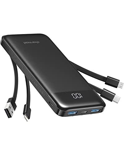 Charmast Power Bank, Slim 10000mAh Powerbank mit 4 Kabel und LED-Display, 6 Ausgängen Klein Aber Stark USB C Externe Handyakkus Kompatibel mit iPhone 17 16 15 14 13 12 11 Pro Max Plus Samsung Tablet