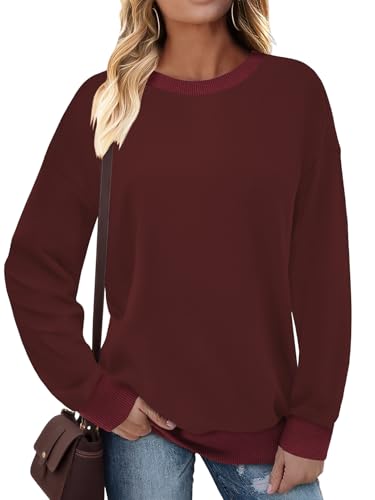 Cuptacc Oberteile Damen Langarm Rundhals Oversized Pullover Weinrot XXXL