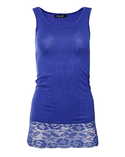 Easy Young Fashion - Damen Trägertop mit Spitzensaum - langes Unterziehshirt Skinny Fit 0518 (Royalblau M/L)