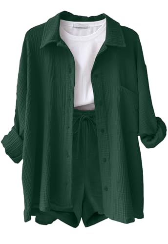 Yutdeng Zweiteiler Damen Sommer Musselin Bluse Shorts 2 Teiler Leinen Hemd Hosenanzug Elegant Lounge Set Leicht Loungewear Anzug Two Piece Freizeitanzug Aesthetic Clothes Strand Outfit Women Kleidung