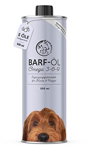 Barf Öl für Hunde 500ml Barföl mit Omega 3-6-9 aus: Lachsöl, Rapsöl, Hanföl & Borretschöl - Futteröl für Hund als Futter Topping (Barf Zusatz)