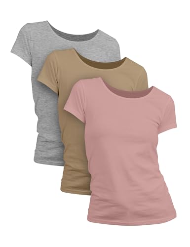 Basic Treasure 3er Pack T Shirt Damen, Kurzärmliges Damen Shirt für Frauen, 100% Baumwolle, Rundhals, (DE/NL/SE/PL, Alphanumerisch, L, Regular, 3 Farben Mix Rosa Beige Grau meliert - Kurzarm)