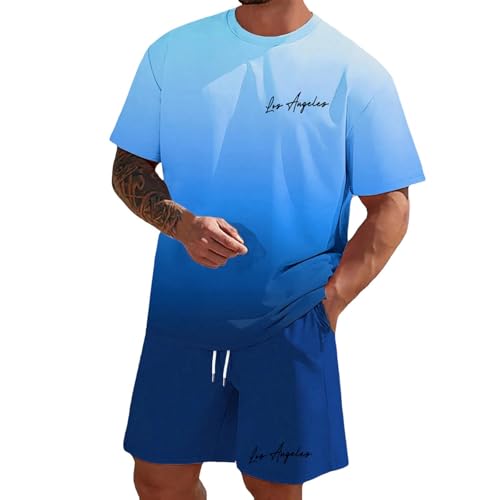 Herren Sommer Zweiteiler Outfit Trainingsanzug Set Farbverlauf Rundhals Kurzarm T‑Shirt Shorts Leicht Atmungsaktiv Freizeitanzug Jogginganzug Lässige Streetwear Casual Activewear Hausanzug für Männer