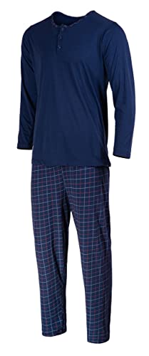 HEYO Schlafanzug Herren Lang Pyjama 100% Baumwolle Zweiteiliges Set Langarm Shirt Lange Karierte Pyjamahose (as3, Alpha, l, Regular, Regular, Standard, Dunkelblau, L)