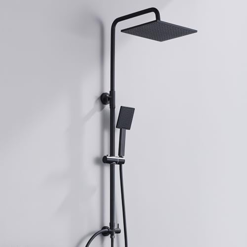 Auralum Regendusche Schwarz ohne Armatur, Duschgarnitur mit Regendusche Quadratischer Duschkopf 25cmx25cm, Duschsystem ohne Armatur Höhenverstellbar Duschstange von 74-109cm