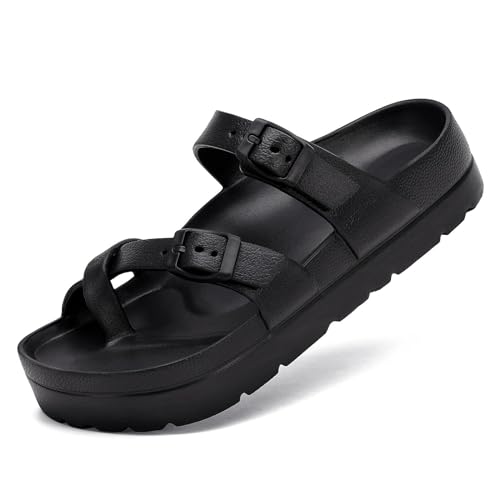 Waysoland Sandalen Damen Sommer,Orthopädische Sandalen Damen Bequeme Folien Dicke Sohlen flache Sandalen mit einstellbarer Schnalle und Ultra Kissen(Schwarz,41 EU)