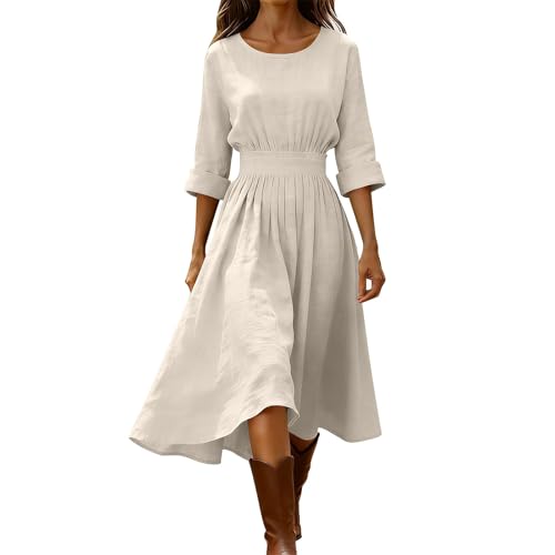 Jamicy Leinenkleider Damen Lang Sommerkleider Leicht Und Luftig Strandkleid Baumwolle Leinen Kleider Langarm Kleid Sommer Tunika Sommerkleid Frauen V-Ausschnitt Damenkleider Maxikleid Beige M