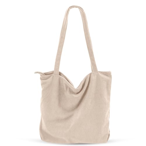 CNMTCCO Cord Tasche Damen Umhängetasche mit Reißverschluss, Groß Shopper Tasche Tote Bag mit Taschenfach Handtasche Schultertaschen für Arbeit, Büro, Reisen, Einkaufen, Schule und Alltag(Beige)