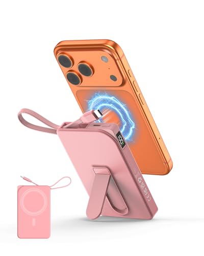 Power Bank für MagSafe iPhone 10000mAh, 3 in 1 Magnetische Schnellladen PowerBank for i-Phone 17/16/15/14/13/12, Wireless Powerbanks Handy mit integriertem USB-C Kabel & Ständer für Android,Rosa