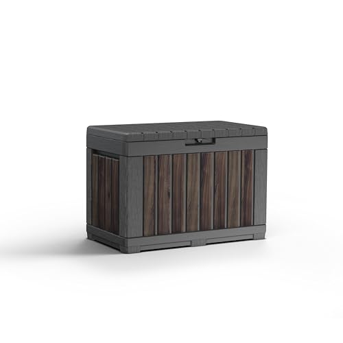 Keter Gartentruhe KENTWOOD 190L Decocoat – Wetterfeste Gartenbox in Rosenholzoptik mit Sitzfunktion – UV-beständige Aufbewahrungsbox, abschließbar, für Innen- & Außenbereich