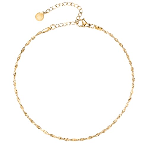 day.berlin Damen Fußkette Twist in Gold 18k vergoldet, Fußkettchen gedreht 22cm + 5cm, variable Länge aus 316L Edelstahl, nickelfrei und wasserfest