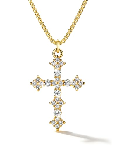HANLI 14K Gold Vergoldet Halskette Damen - Zarte Kreuz Kette mit Cubic Zirkonia Kreuzkette Religiösen Anhänger mit für Frauen Mädchen Wasserfeste Hautverträglich Schmuck