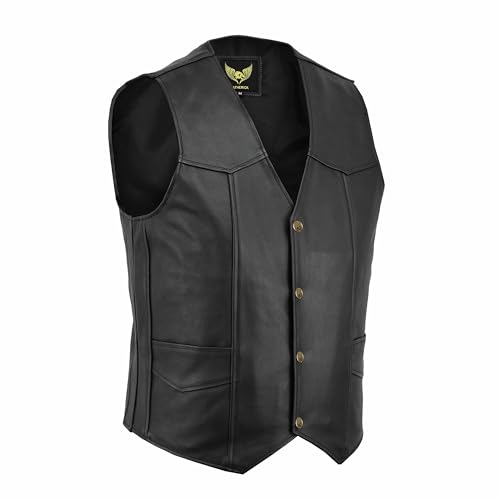 Leatherick Herren klassische Rindslederweste für Biker und Motorradfahrer, Mode und Freizeit schwarz - 4XL