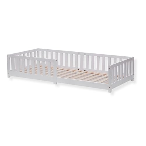 ecomi® Kinderbett 80x160 Bodenbett Kinder Bett mit Rausfallschutz und Lattenrost für Kinder Kinderbetten für Mädchen und Jungen Massivholz Kiefer in Weiß