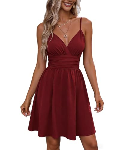 SCHOOLMOON Sommerkleid Damen Kurzes Ärmelloses V-Ausschnitt Elegant Strandkleid Einfarbig Leicht Und Luftig Spaghettiträger A-Linie Minikleider(Rot,S)
