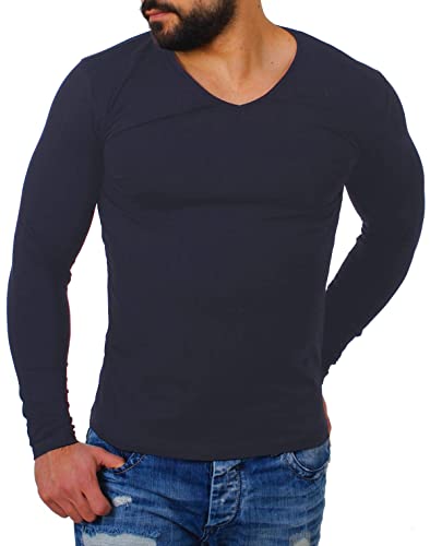 Young & Rich Herren Uni Longsleeve v-Neck Basic Tee Langarm Shirt einfarbig V-Ausschnitt Slimfit mit Stretchanteilen 2001, Grösse:L, Farbe:Dunkelblau
