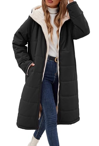 Vancavoo Wintermantel Damen Lang Winterjacke Warm Gefüttert Winterparka Winter Jacke Mantel Parka Steppmantel Daunenmantel mit Kapuze,Schwarz,XL