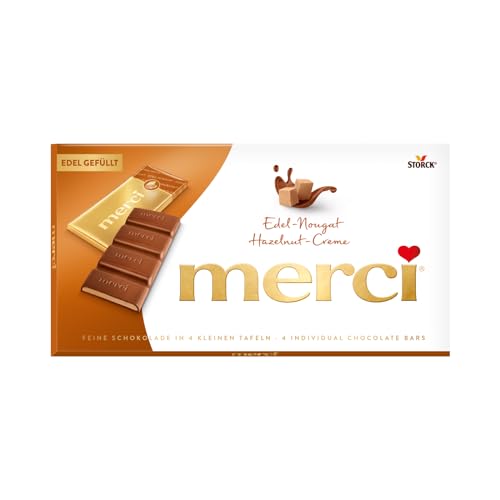 merci Tafelschokolade Edel-Nougat – 1 x 112 g – Feinste Täfelchen aus Edel-Vollmilchschokolade mit 43% Nougatfüllung – Schokolade in Goldpapier verpackt