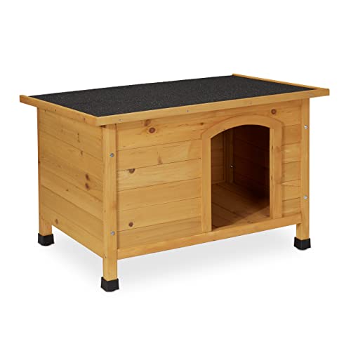 Relaxdays Hundehütte, HxBxT: 58 x 86 x 58 cm, wetterfestes Hundehaus, Holz, Dachpappe, Hundevilla Outdoor, Natur/schwarz