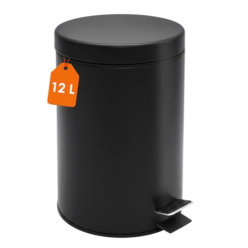 Spetebo Edelstahl Tretmülleimer rund schwarz matt 39 x 25 cm mit Deckel - 12 L - Metall Mülleimer mit Fußpedal und entnehmbarem Inneneimer - Treteimer Pedalabfalleimer Abfalleimer für Bad Küche Büro