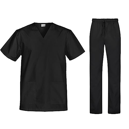 B-well Cesare Unisex-Schrubb-Set Schlupfkasack + Schlupfhose Set Medizin Arzt Uniform Schlupfjacke Oberteil mit Hose Medizinische Berufsbekleidung (Schwarz, M)