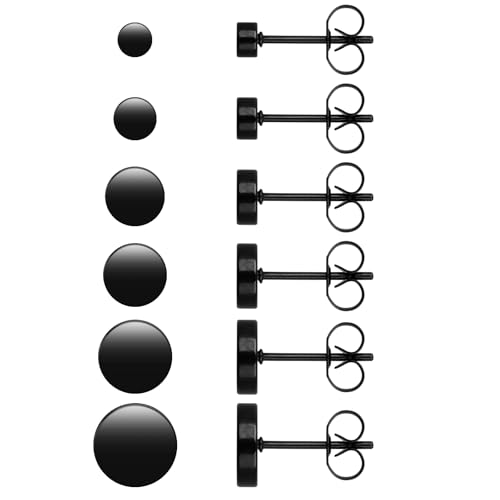 6 Paar ohrstecker schwarz Set 3/4/5/6/7/8mm ohrringe herren Dot Ohrstecker männer aus Edelstahl Unisex Ohrstecker Runde Ohr-Schmuck für Herren Damen (Schwarz flach)