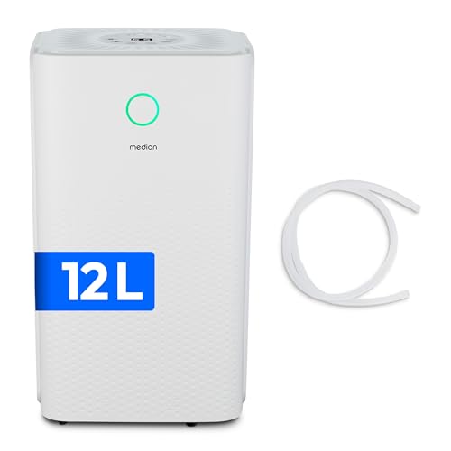 MEDION DH10 Luftentfeuchter elektrisch (bis zu 50m³ (15m²), 12Liter/24h, 38db leise, elektrischer Raumentfeuchter, Normalbetrieb, Wäschemodus, Ventilatorbetrieb, Timer, Bodenrollen, Entfeuchter)