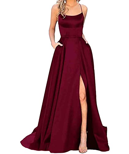 HAHAEMMA Damen Elegant Lange Ballkleider mit Taschen Satin A-Linie Backless Hochzeitskleid Abendkleider Sexy Neckholder Spaghetti Brautkleid Kleider Lang Prinzessin Brautjungfer Kleid (WR-XS)