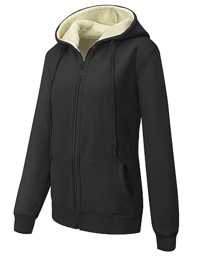 MOVE BEYOND Sweatjacke Damen mit Kapuze Zipper Hoodie Fleecejacke Gefüttert Warme Winterjacke mit Reißverschluss Kapuzenjacke, Schwarz, X-Large
