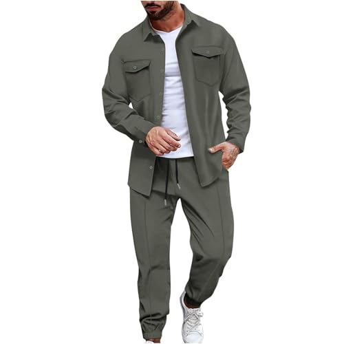 HAOLEI Herren Hausanzug 2-Teilig Freizeitanzug Tracksuit Befristetes Angebot Loungewear Waffelmode Lässig Doppeltasche Langarm Knopf Strickjacke Langarm-Set Trainingsanzug Jogginganzug Sportanzug