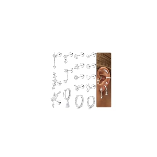 Dochais 16Pcs Helix Piercings Chirurgenstahl Ohrringe Piercing Set Flatback Ohrstecker Creolen Ohr Piercings Knorpel Ohrringe Damen Gold Silber Conch Tragus Piercing Ohr Einzelner Ohrring Schmuck