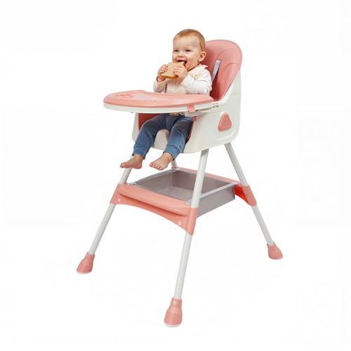 2 in 1 Baby Hochstuhl Rosa Kinderhochstuhl mit gepolstertem Sitz, klappbar, höhenverstellbar, abnehmbares Doppeltablett, Sicherheitsgurte, für Babys und Kinder ab 6 Monaten bis 6 Jahren